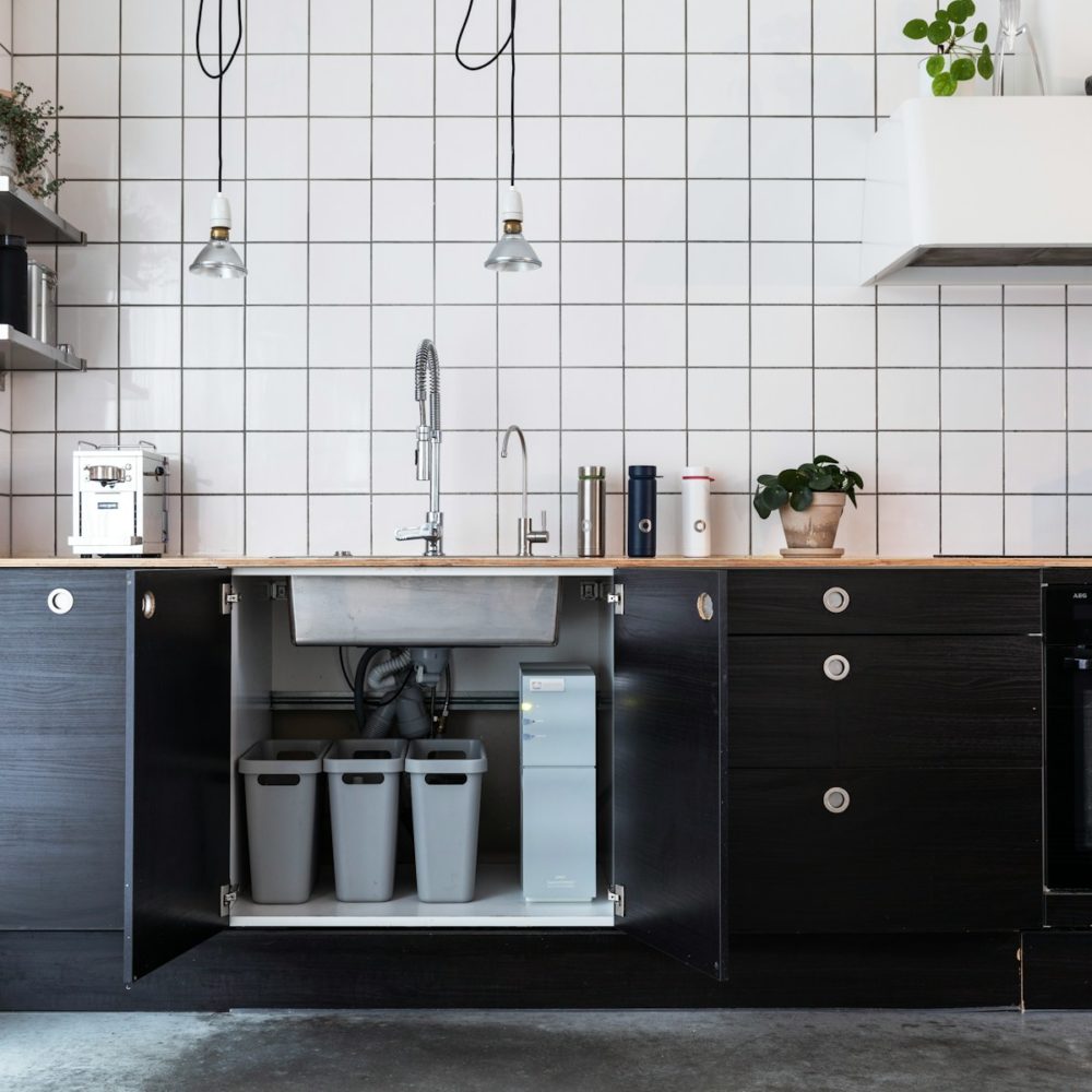 black and silver kitchen cabinet